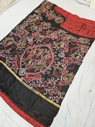 Brick Red Pure Bishnupur Silk Saree with Contrast Black Floral Tree Batik Print