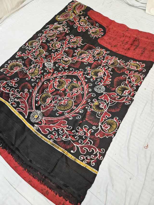 Brick Red Pure Bishnupur Silk Saree with Contrast Black Floral Tree Batik Print