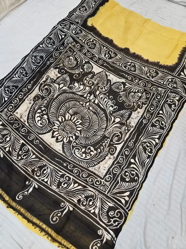 Sunshine Yellow Pure Bishnupur Silk Saree with Contrast Black Floral Medallion Batik Print