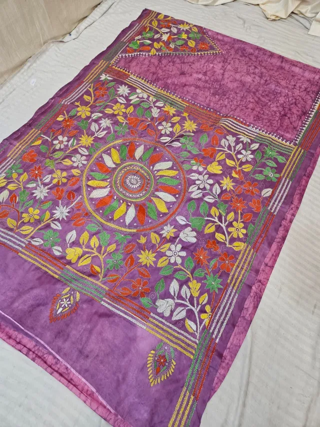 Purple with Wine Blended Bangalore Silk Batik Kantha Stitch Sunburst Chakra Pallu Saree
