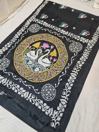 Jet Black Blended Bangalore Silk Saree with Fusion Kantha Stitch Swan & Lotus Medallion