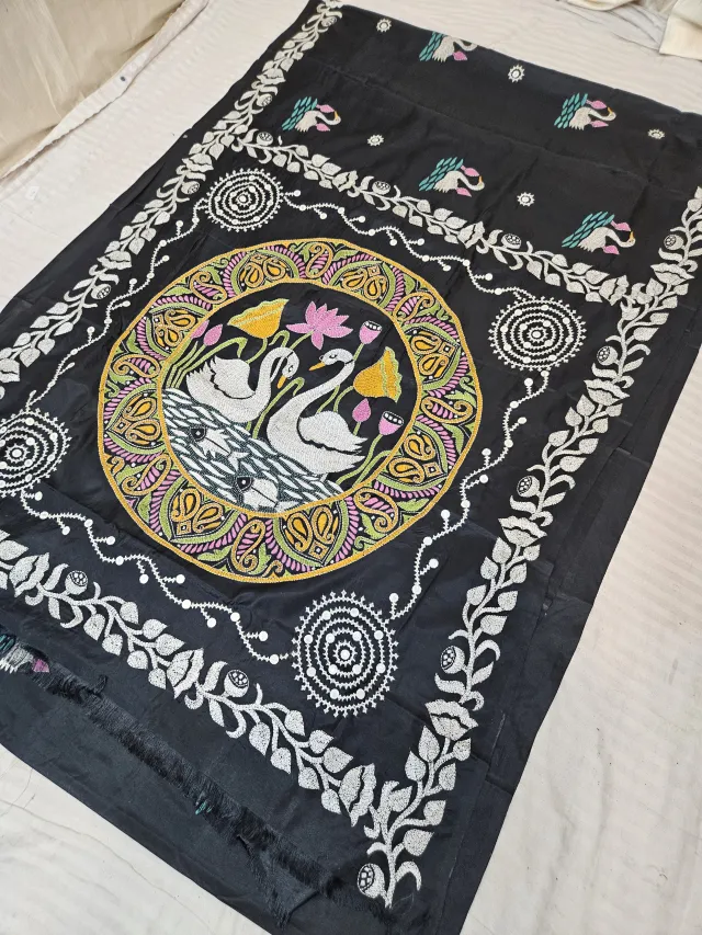 Jet Black Blended Bangalore Silk Saree with Fusion Kantha Stitch Swan & Lotus Medallion