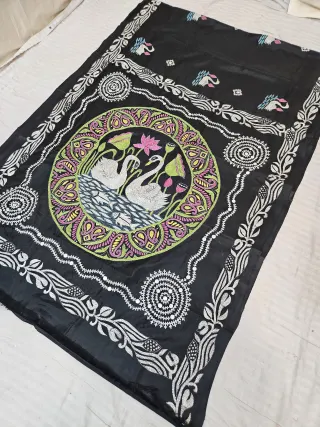 Jet Black Blended Bangalore Silk Saree with Handcrafted Fusion Kantha Stitch Swan Medallion