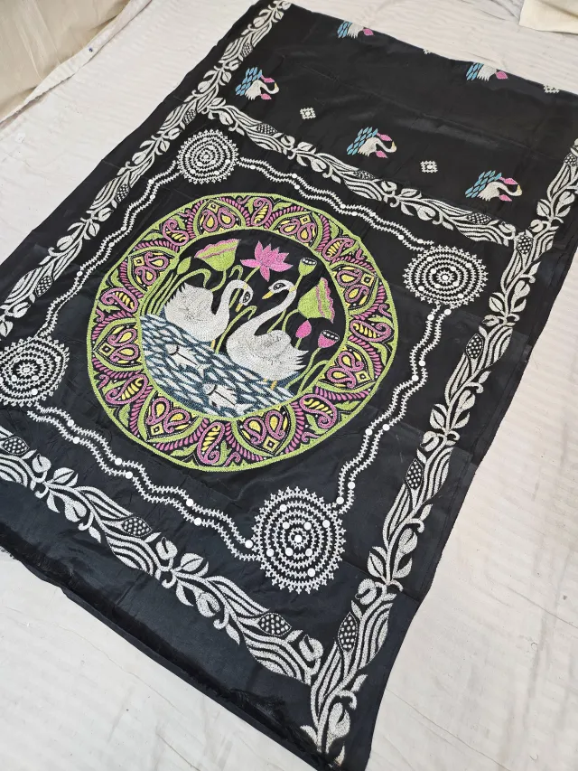 Jet Black Blended Bangalore Silk Saree with Handcrafted Fusion Kantha Stitch Swan Medallion