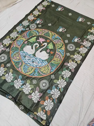 Olive Green Blended Bangalore Silk Saree with Handcrafted Fusion Kantha Stitch Swan Medallion