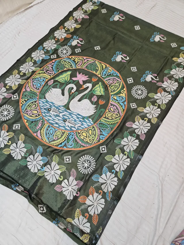 Olive Green Blended Bangalore Silk Saree with Handcrafted Fusion Kantha Stitch Swan Medallion