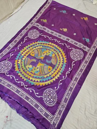 Royal Purple Blended Bangalore Silk Saree with Handcrafted Fusion Kantha Stitch Twin Fish Medallion