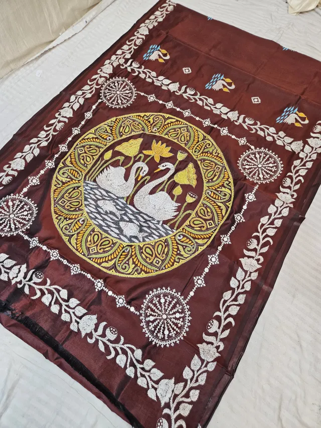Deep Wine Blended Bangalore Silk Saree with Handcrafted Fusion Kantha Stitch Swan Medallion