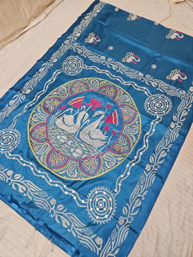 Peacock Blue Blended Bangalore Silk Saree with Handcrafted Fusion Kantha Stitch Swan Medallion