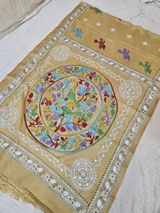 Beige Blended Bangalore Silk Saree with Handcrafted Fusion Kantha Stitch Bird & Floral Tree Medallion