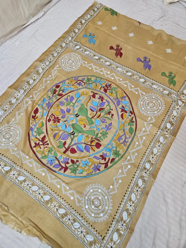 Beige Blended Bangalore Silk Saree with Handcrafted Fusion Kantha Stitch Bird & Floral Tree Medallion