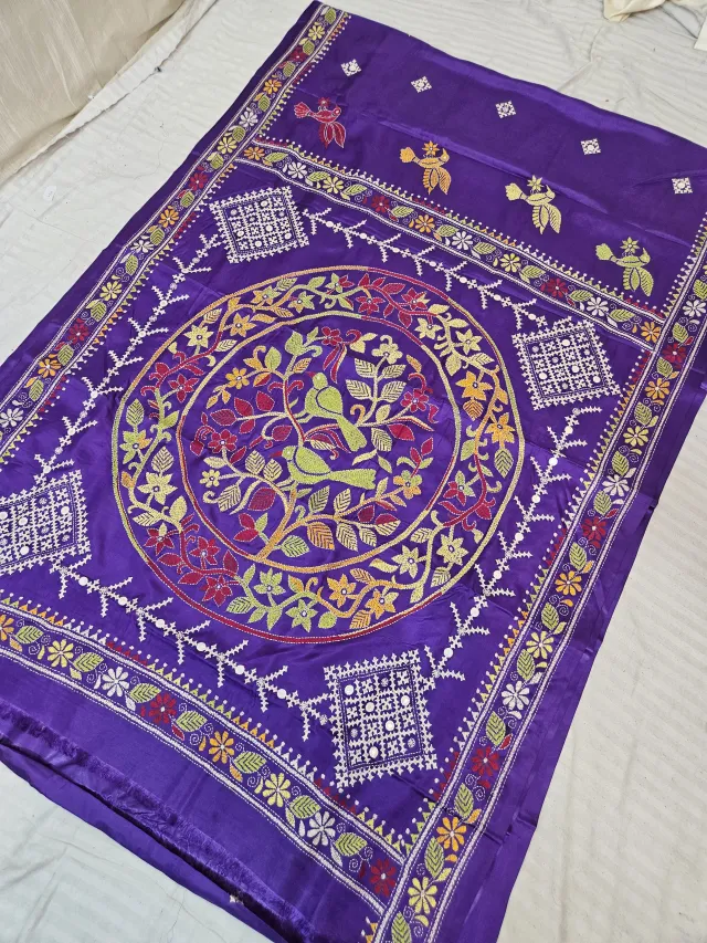 Royal Purple Blended Bangalore Silk Saree with Handcrafted Fusion Kantha Stitch Bird & Floral Tree Medallion