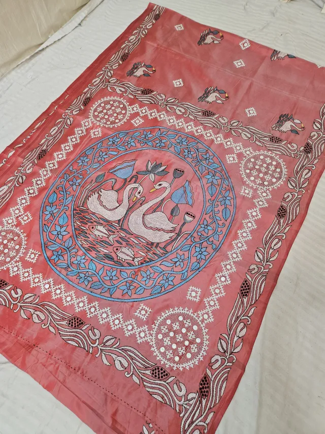Peach Blended Bangalore Silk Saree with Handcrafted Fusion Kantha Stitch Swan Medallion