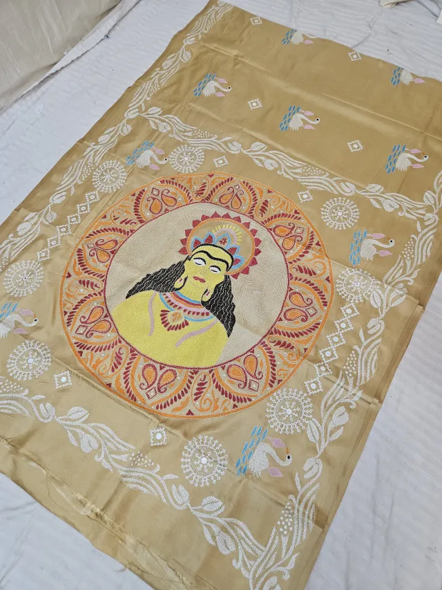 Beige Blended Bangalore Silk Saree with Handcrafted Fusion Kantha Stitch Royal Visage Medallion