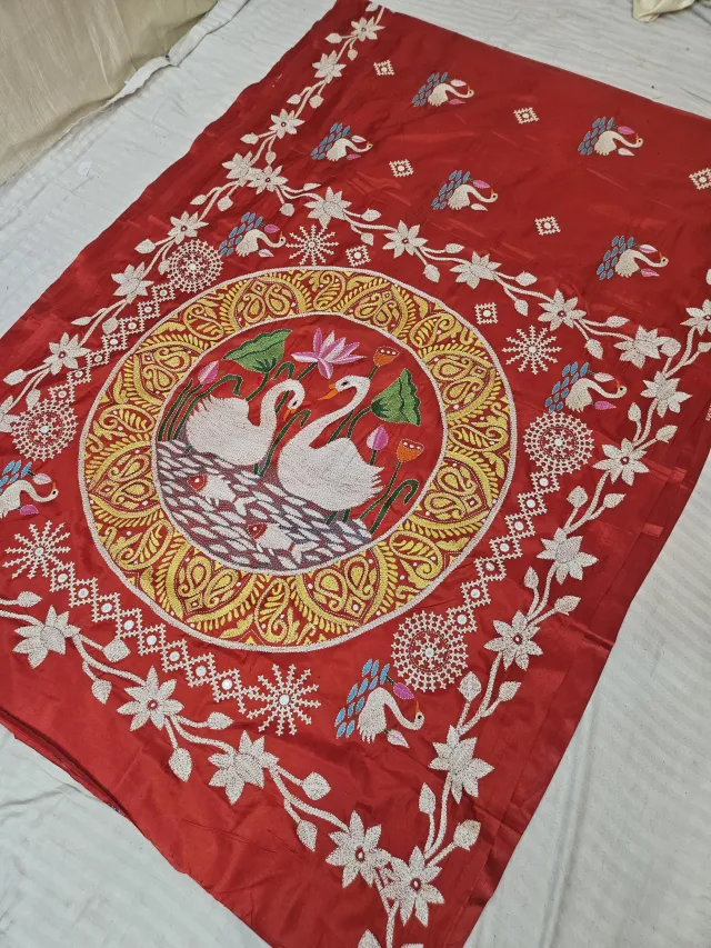 Crimson Red Blended Bangalore Silk Saree with Handcrafted Fusion Kantha Stitch Swan Medallion