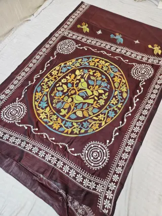 Deep Brown Blended Bangalore Silk Saree with Handcrafted Fusion Kantha Stitch Bird & Floral Tree Medallion