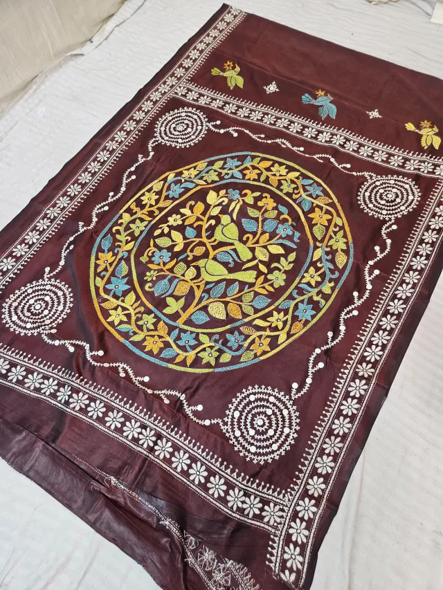 Deep Brown Blended Bangalore Silk Saree with Handcrafted Fusion Kantha Stitch Bird & Floral Tree Medallion