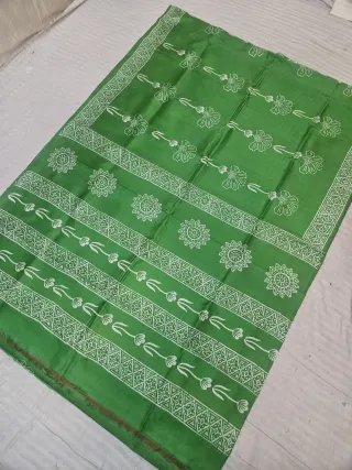 Parrot Green Pure Bishnupur Katan Silk Saree with Handcrafted Floral Block Print