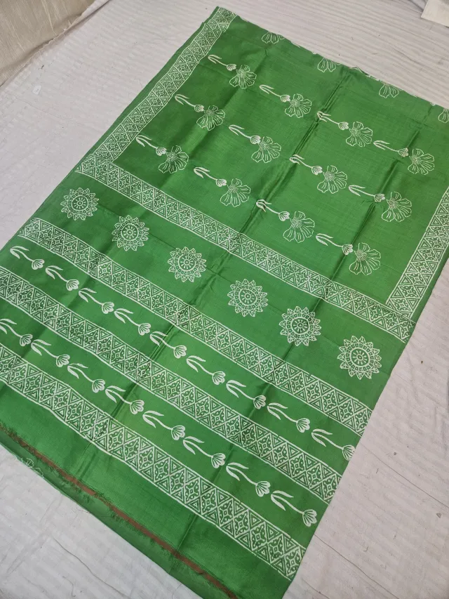 Parrot Green Pure Bishnupur Katan Silk Saree with Handcrafted Floral Block Print