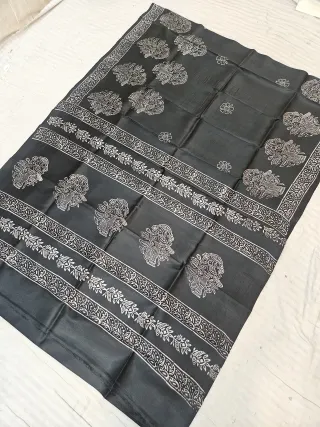 Jet Black Pure Bishnupur Katan Silk Saree with Handcrafted Kalash & Floral Block Print
