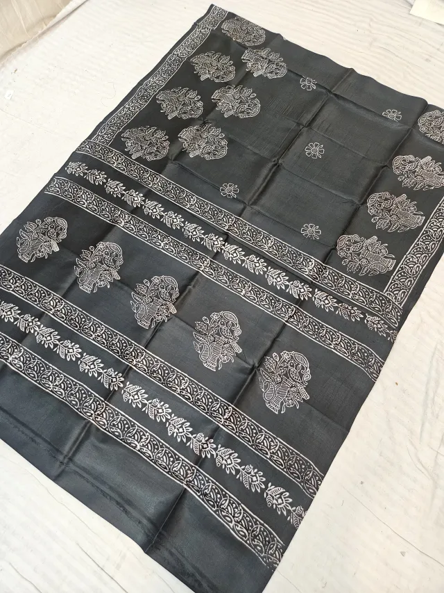 Jet Black Pure Bishnupur Katan Silk Saree with Handcrafted Kalash & Floral Block Print