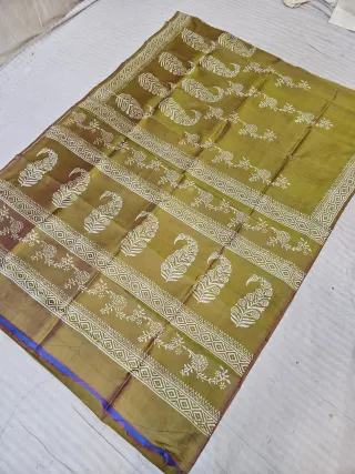 Moss Green Pure Bishnupur Katan Silk Saree with Handcrafted Paisley Kalka & Floral Block Print