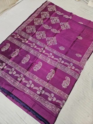 Magenta Purple Pure Bishnupur Katan Silk Saree with Handcrafted Elephant & Paisley Block Print