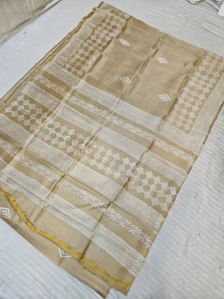 Beige Pure Bishnupur Katan Silk Saree with Handcrafted Geometric Diamond Block Print