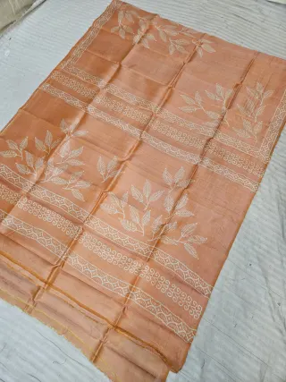 Soft Peach Pure Bishnupur Katan Silk Saree with Handcrafted Foliate Botanical Block Print