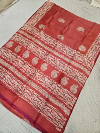 Deep Maroon Pure Bishnupur Katan Silk Saree with Handcrafted Paisley Kalka Block Print