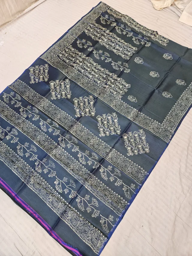 Midnight Navy Pure Bishnupur Katan Silk Saree with Handcrafted Botanical Floral Block Print