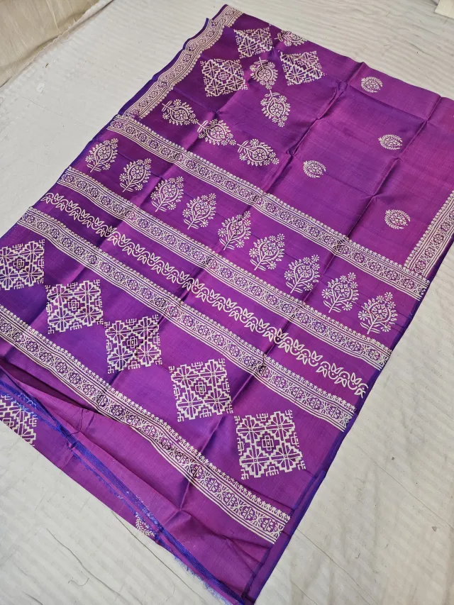 Dual-Tone Purple Blue Pure Bishnupur Katan Silk Saree with Handcrafted Geometric & Floral Block Print