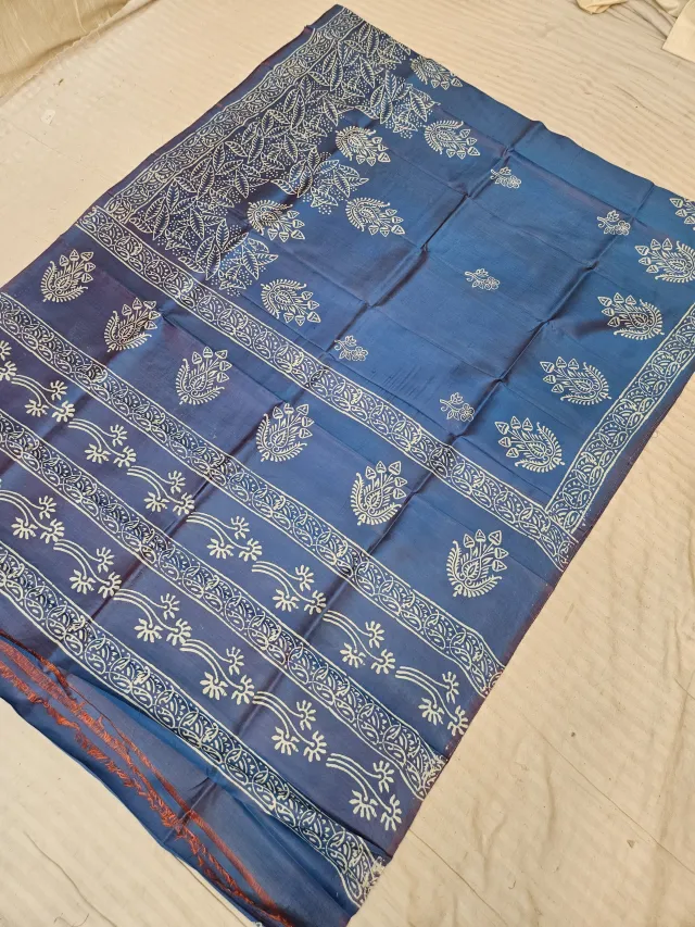 Steel Blue Pure Bishnupur Katan Silk Saree with Handcrafted Paisley Kalka & Foliate Block Print