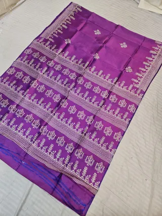 Dual-Tone Purple Blue Pure Bishnupur Katan Silk Saree with Handcrafted Temple Floral Block Print