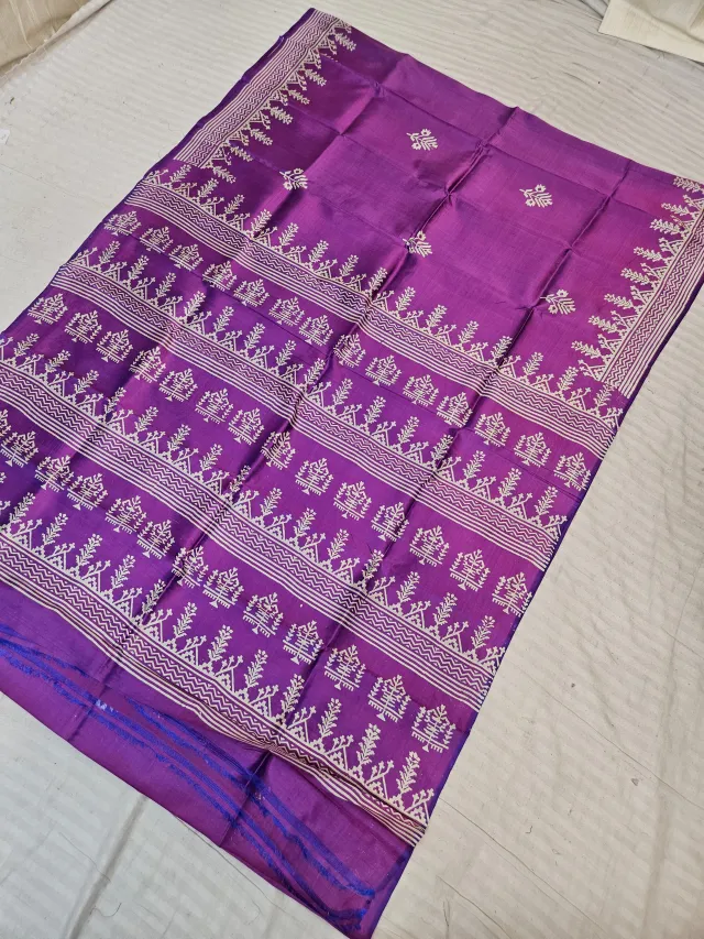 Dual-Tone Purple Blue Pure Bishnupur Katan Silk Saree with Handcrafted Temple Floral Block Print