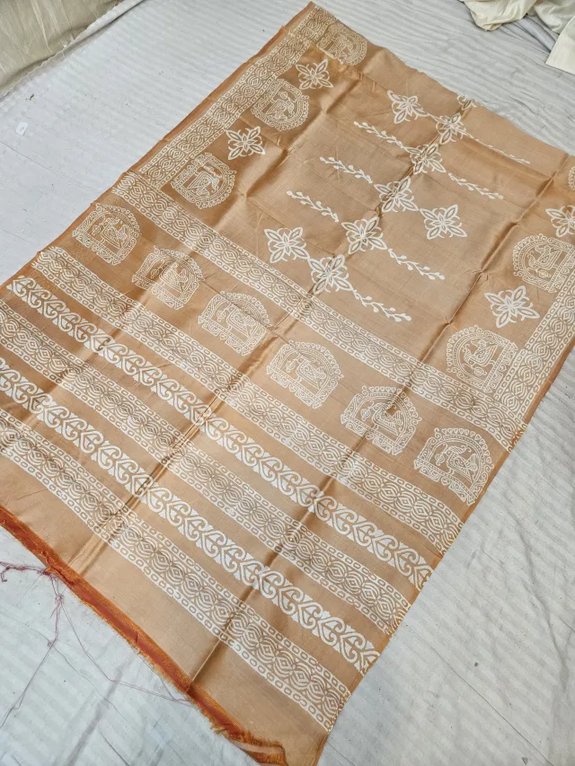 Beige Pure Bishnupur Katan Silk Saree with Handcrafted Temple Shrine & Bird Block Print