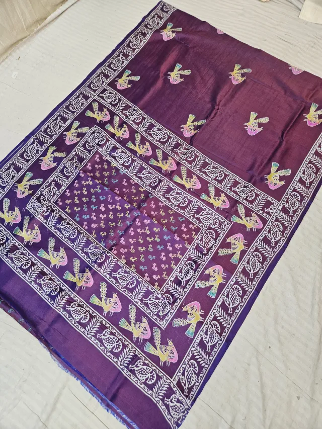 Deep Wine Pure Bishnupur Katan Silk Saree with Handcrafted Multi-Color Bird & Peacock Block Print