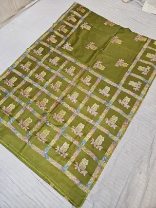 Olive Green Pure Bishnupur Katan Silk Saree with Handcrafted Folk Owl Grid Block Print