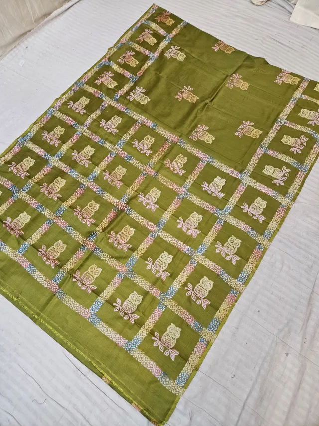Olive Green Pure Bishnupur Katan Silk Saree with Handcrafted Folk Owl Grid Block Print