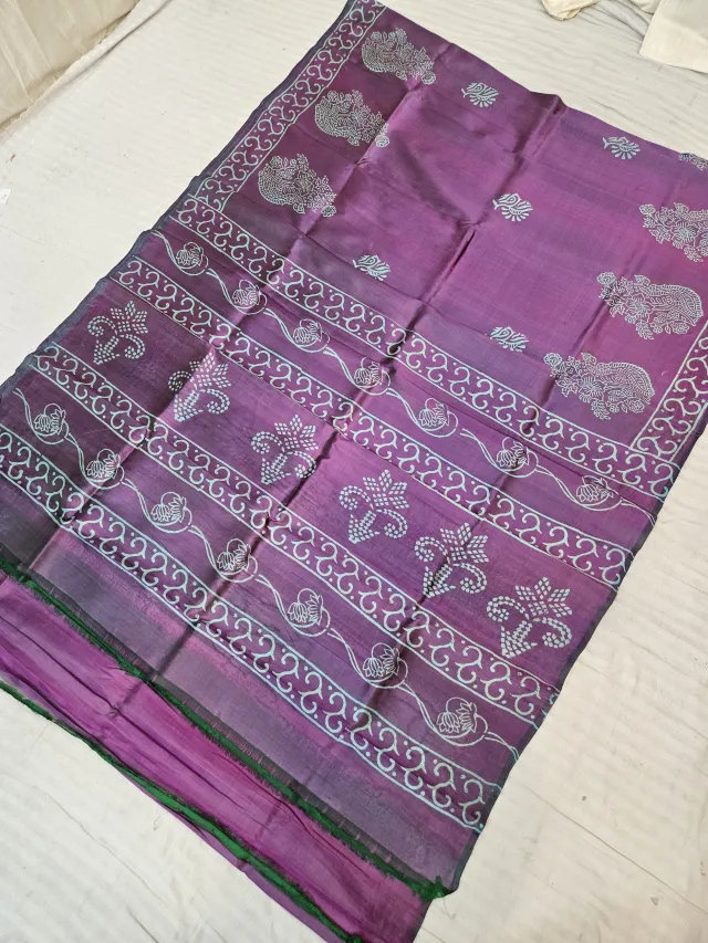 Mauve Purple Pure Bishnupur Katan Silk Saree with Handcrafted Kalash & Lotus Block Print