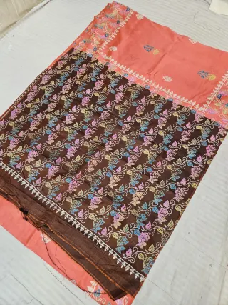 Peach Pure Bishnupur Katan Silk Saree with Handcrafted Multi-Color Contrast Floral Jaal Block Print