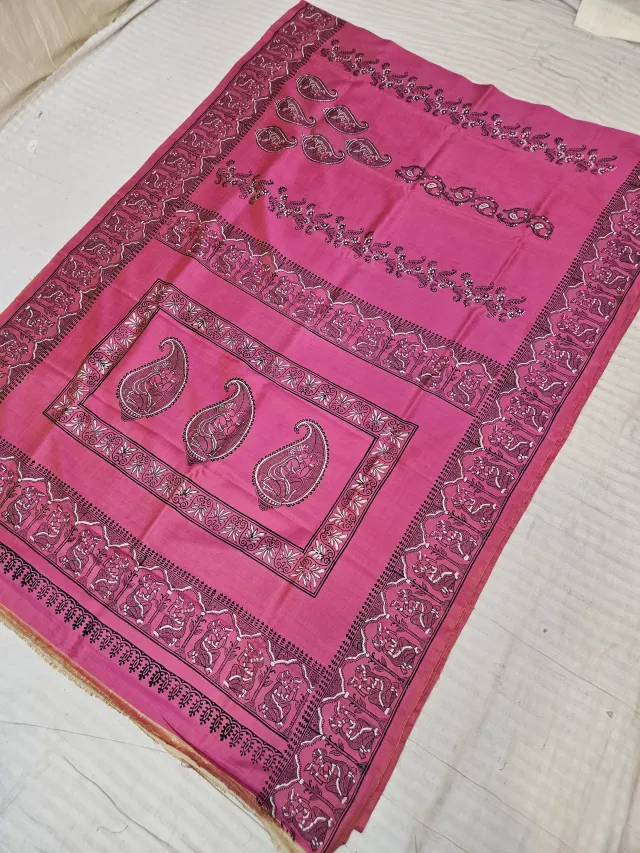 Rani Pink Pure Bishnupur Katan Silk Saree with Handcrafted Royal Visage Paisley Block Print