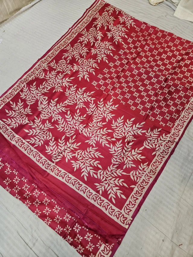 Crimson Red Pure Bishnupur Katan Silk Saree with Handcrafted Botanical Leaf Canopy Block Print
