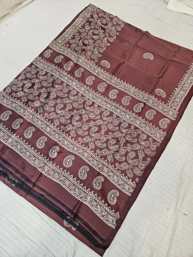 Deep Brown Pure Bishnupur Katan Silk Saree with Handcrafted Paisley Kalka Block Print