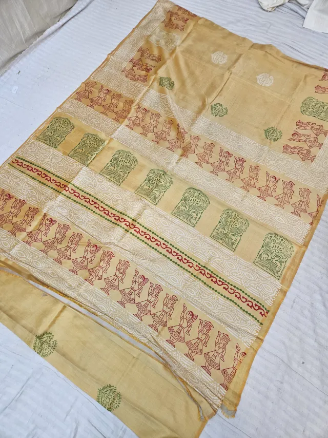 Golden Yellow Pure Bishnupur Katan Silk Saree with Handcrafted Figurative Dancer & Temple Block Print