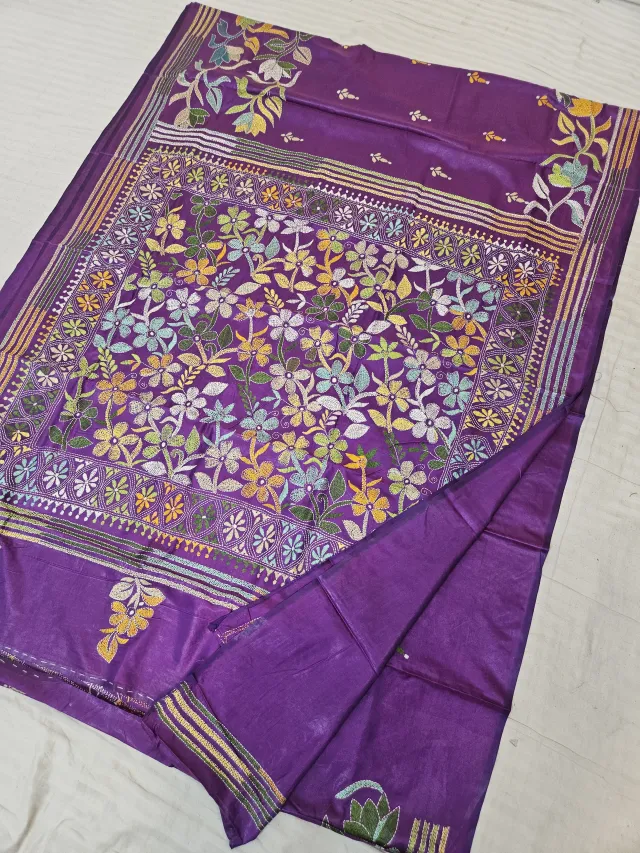 Purple Blended Bangalore Silk Kantha Stitch Floral Jaal Pallu Saree
