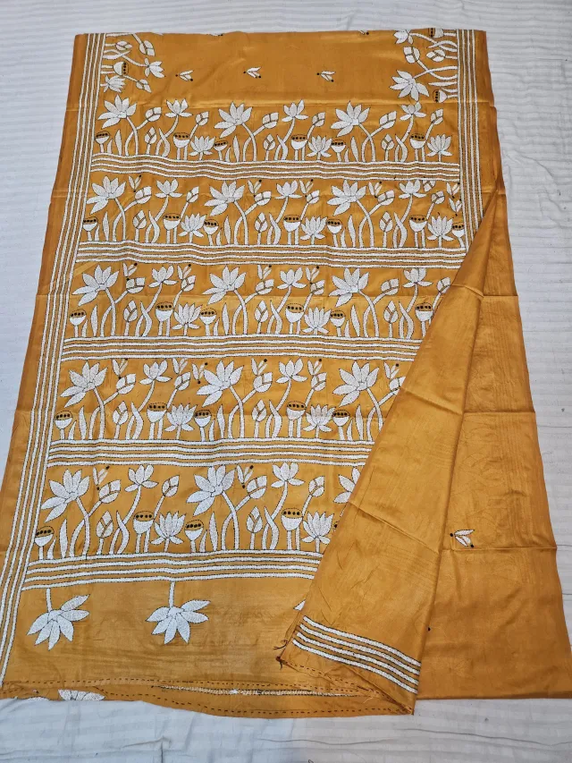 Orange Blended Bangalore Silk Kantha Stitch Lotus Floral Pallu Saree