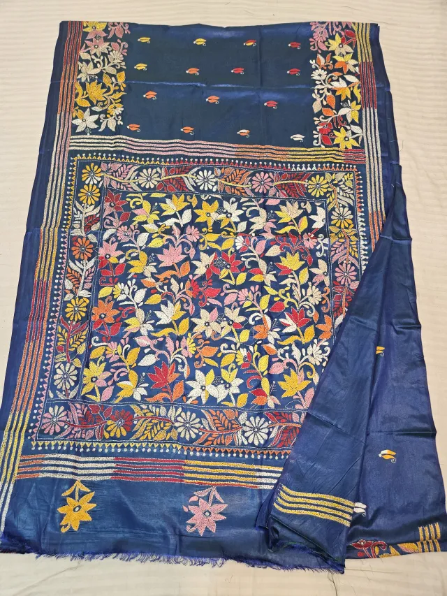 Krishna Blue Blended Bangalore Silk Kantha Stitch Floral Jaal Pallu Saree
