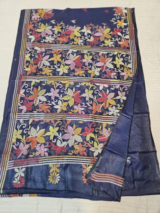 Dark Blue Blended Bangalore Silk Kantha Stitch Multi-Tier Floral Pallu Saree