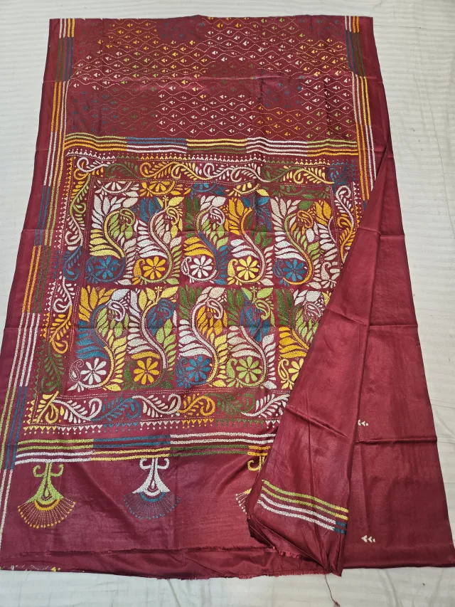 Maroon Dual Tone with Blue Blended Bangalore Silk Kantha Stitch Kalka Peacock Pallu Saree